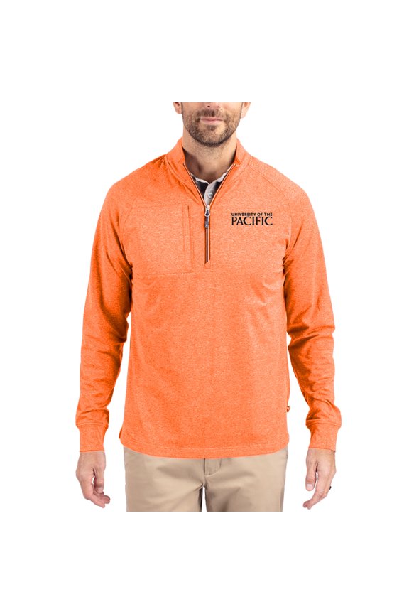 Women's-Cutter & Buck Heather Orange Pacific Tigers Adapt Eco Knit Stretch Recycled DryTec Raglan Quarter-Zip Pullover