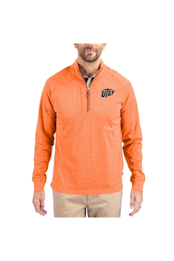 Women's-Cutter & Buck  Heather Orange UTEP Miners Adapt Eco Knit Stretch Recycled DryTec Raglan Quarter-Zip Pullover