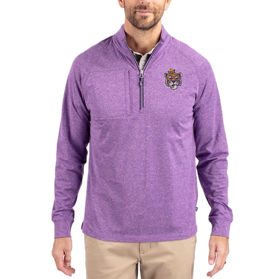 Women's-Cutter & Buck Heather Purple LSU Tigers Adapt Eco Knit Stretch Recycled DryTec Raglan Quarter-Zip Pullover