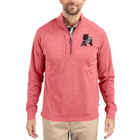 Women's-Cutter & Buck Heather Red Arkansas Razorbacks Adapt Eco Knit Stretch Recycled DryTec Raglan Quarter-Zip
