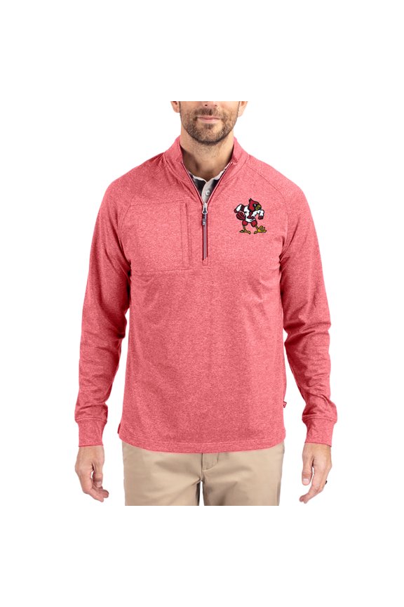 Women's-Cutter & Buck  Heather Red Louisville Cardinals Adapt Eco Knit Stretch Recycled DryTec Raglan Quarter-Zip