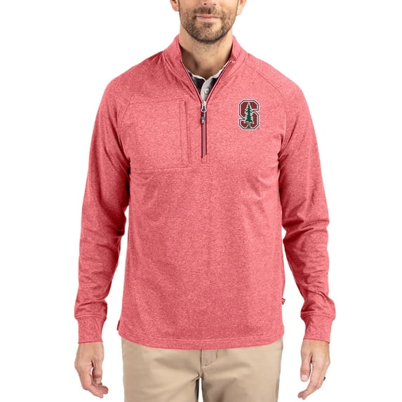 Women's-Cutter & Buck Heather Red Stanford Cardinal Adapt Eco Knit Stretch Recycled DryTec Raglan Quarter-Zip Pullover