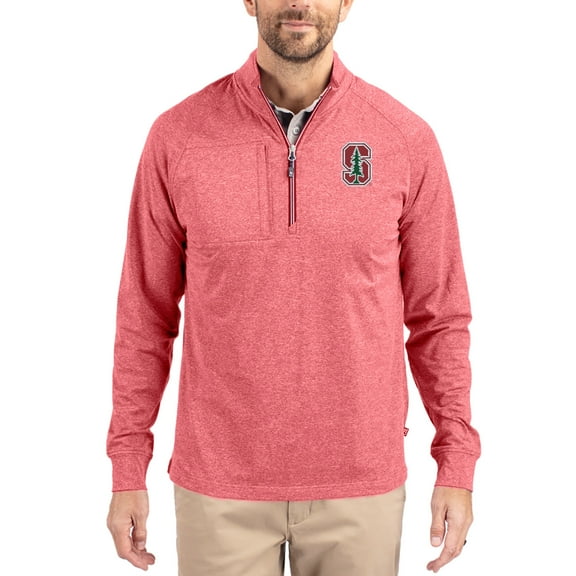 Women's-Cutter & Buck Heather Red Stanford Cardinal Adapt Eco Knit Stretch Recycled DryTec Raglan Quarter-Zip Pullover