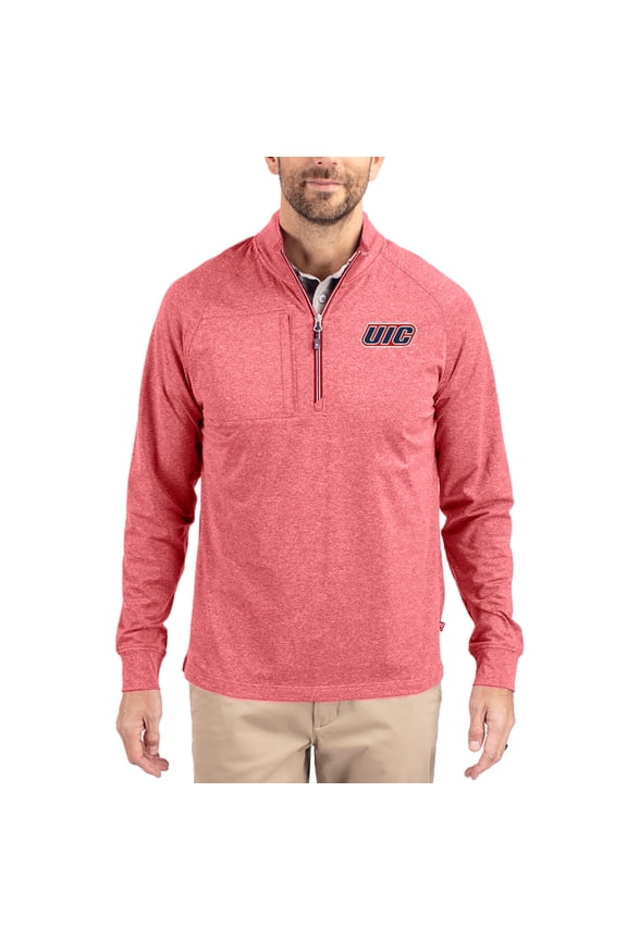 Women's-Cutter & Buck  Heather Red UIC Flames Adapt Eco Knit Stretch Recycled DryTec Raglan Quarter-Zip Pullover