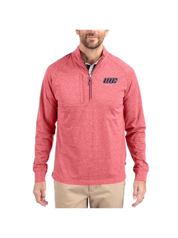 Women's-Cutter & Buck Heather Red UIC Flames Adapt Eco Knit Stretch Recycled DryTec Raglan Quarter-Zip Pullover
