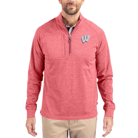 Women's-Cutter & Buck Heather Red Wisconsin Badgers Adapt Eco Knit Stretch Recycled DryTec Raglan Quarter-Zip Pullover