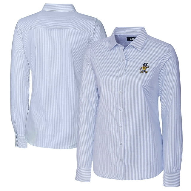 Women's Cutter & Buck Light Blue ETSU Buccaneers Vault Stretch Oxford Stripe Long Sleeve Tri-Blend Button-Up Dress