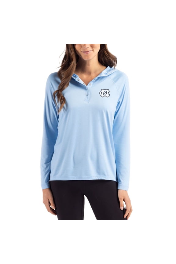 Women's Cutter & Buck Light Blue North Carolina Tar Heels Coastline Epic Comfort Recycled Hooded Raglan Quarter-Snap