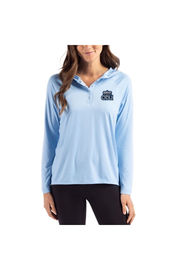 Women's Cutter & Buck Light Blue Old Dominion Monarchs Coastline Epic Comfort Recycled Hooded Raglan Quarter-Snap Shirt