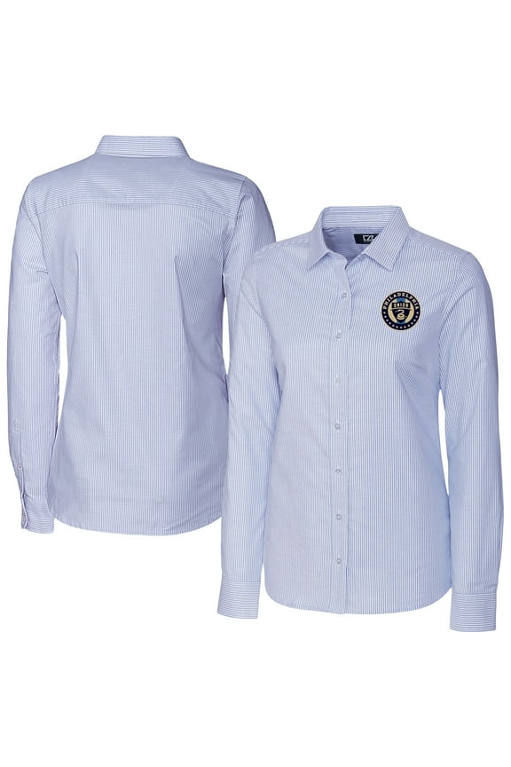Women's-Cutter & Buck  Light Blue Philadelphia Union Stretch Oxford Stripe Tri-Blend Long Sleeve Button-Up Shirt