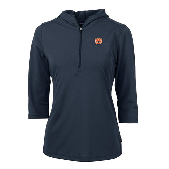 Women's Cutter & Buck Navy Auburn Tigers Virtue Eco Pique 3/4 Sleeve Half-Zip Pullover Hoodie