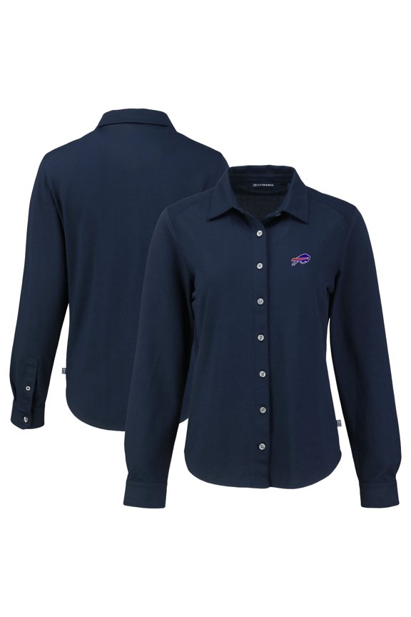 Women's Cutter & Buck Navy Buffalo Bills  Advantage Eco Soft Pique Tri-Blend Long Sleeve Button-Up Shirt