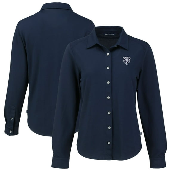 Women's Cutter & Buck Navy Chicago Bears  Advantage Eco Soft Pique Tri-Blend Long Sleeve Button-Up Shirt