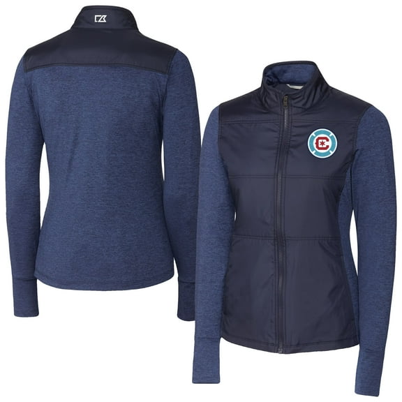 Women's-Cutter & Buck Navy Chicago Fire Stealth Hybrid Quilted Full-Zip Windbreaker Jacket