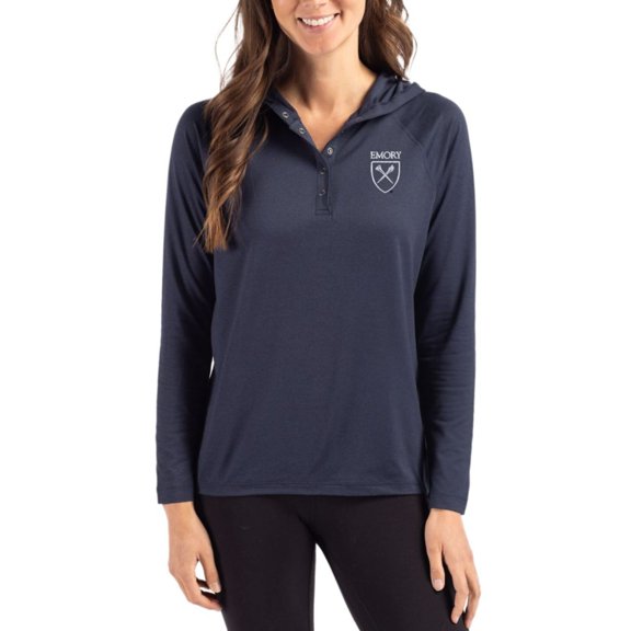 Women's Cutter & Buck Navy Emory Eagles Coastline Epic Comfort Recycled Hooded Raglan Quarter-Snap Shirt