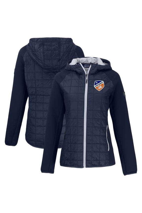 Women's-Cutter & Buck Navy FC Cincinnati Rainier Primaloft Eco Raglan Full-Zip Hybrid Hooded Jacket