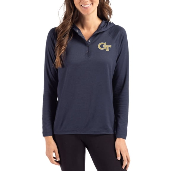 Women's Cutter & Buck Navy Georgia Tech Yellow Jackets Coastline Epic Comfort Recycled Hooded Raglan Quarter-Snap Shirt