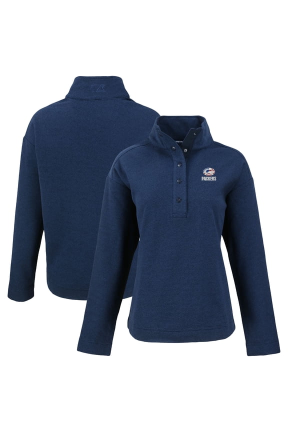 Women's Cutter & Buck  Navy Green Bay Packers Hunts Point Eco Half-Snap Sweatshirt