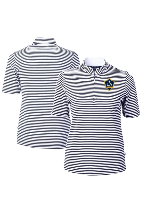 Women's-Cutter & Buck Navy LA Galaxy Virtue Eco Pique Stripe Recycled Quarter-Zip Top