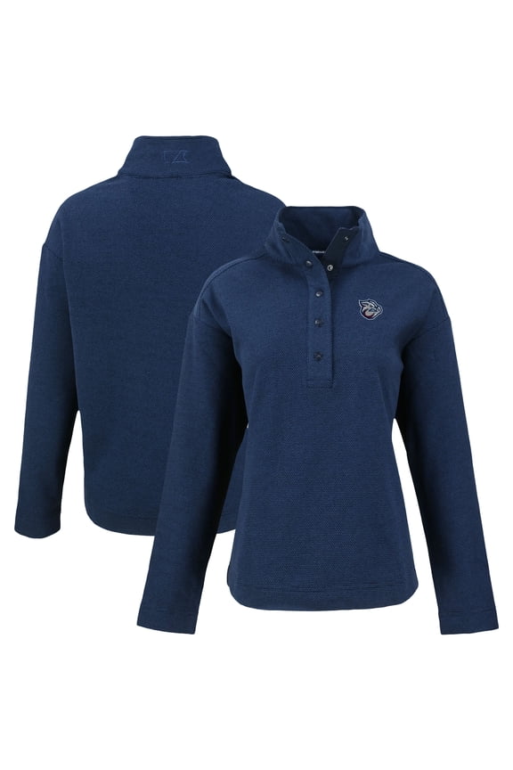 Women's Cutter & Buck Navy Lehigh Valley IronPigs Hunts Point Eco Textured Fleece Recycled Half-Snap Sweatshirt