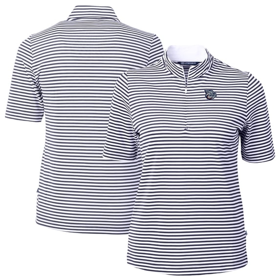 Women's Cutter & Buck Navy Lehigh Valley IronPigs Virtue DryTec Eco Pique Stripe Recycled Top