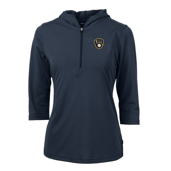 Women's Cutter & Buck Navy Milwaukee Brewers Virtue Eco Pique 3/4 Sleeve Half-Zip Pullover Hoodie