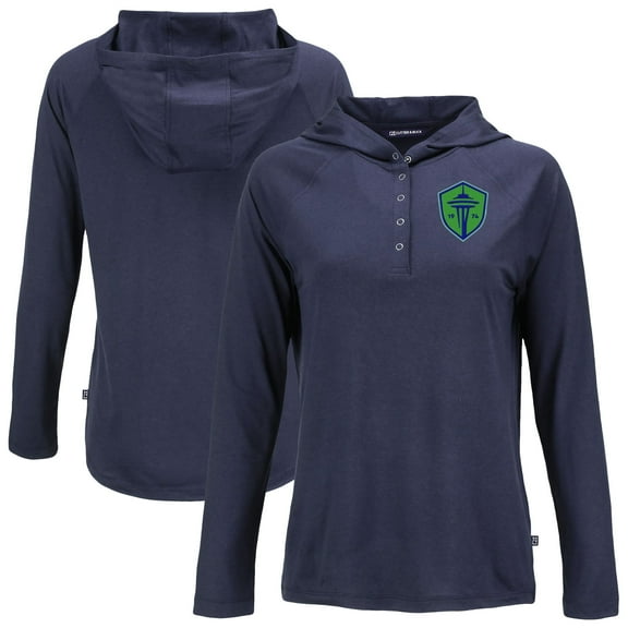 Women's-Cutter & Buck Navy Seattle Sounders FC Coastline Epic Comfort Eco Recycled Quarter-Snap Raglan Hoodie Top