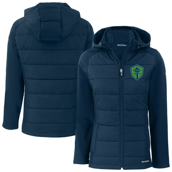 Women's-Cutter & Buck Navy Seattle Sounders FC Evoke Hybrid Eco Softshell Recycled Full Zip Hooded Jacket