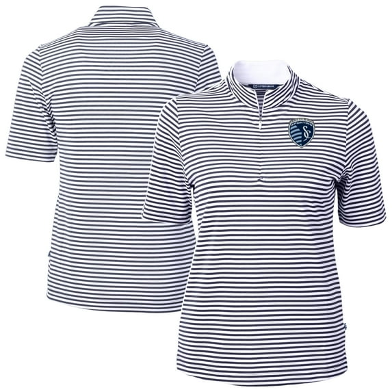 Women's-Cutter & Buck Navy Sporting Kansas City Virtue Eco Pique Stripe Recycled Quarter-Zip Top