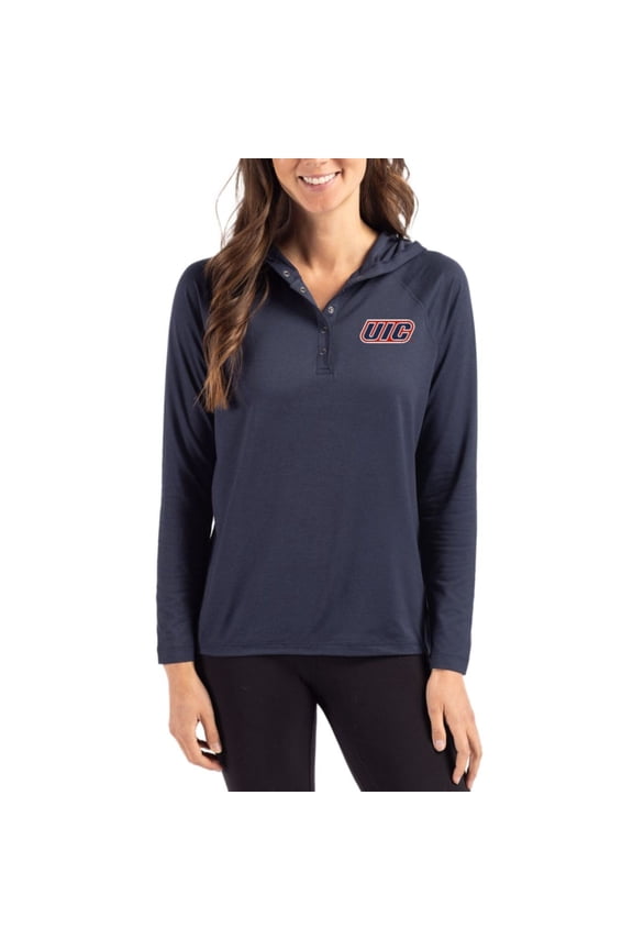 Women's Cutter & Buck Navy UIC Flames Coastline Epic Comfort Recycled Hooded Raglan Quarter-Snap Shirt