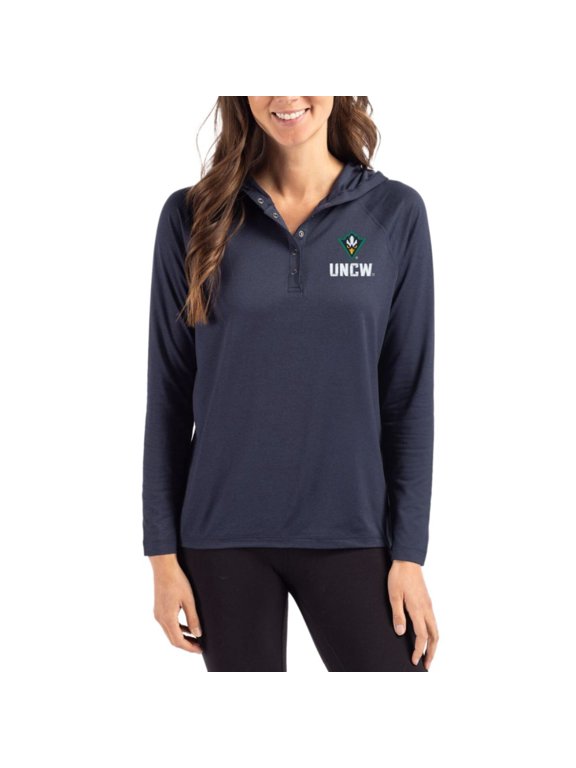Women's Cutter & Buck Navy UNC Wilmington Seahawks Coastline Epic Comfort Recycled Hooded Raglan Quarter-Snap Shirt