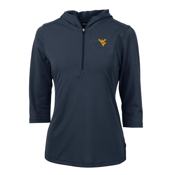 Women's Cutter & Buck Navy West Virginia Mountaineers Virtue Eco Pique 3/4 Sleeve Half-Zip Pullover Hoodie