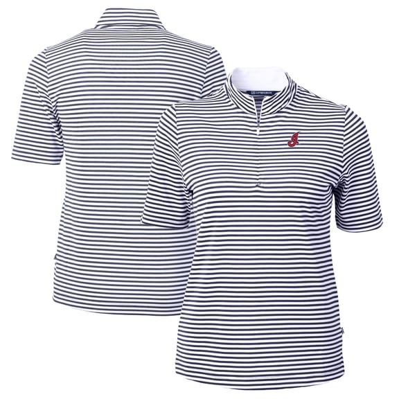 Women's Cutter & Buck Navy/White Cleveland Indians Cooperstown Collection Virtue Eco Pique Stripe Recycled Tri-Blend