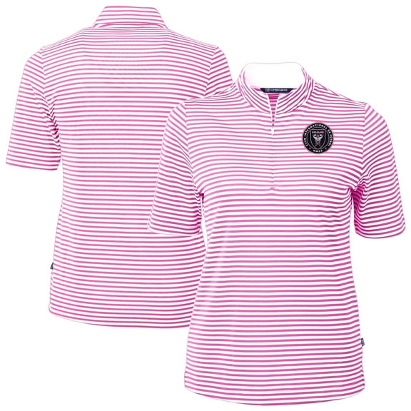 Women's-Cutter & Buck Pink Inter Miami CF Virtue Eco Pique Stripe Recycled Quarter-Zip Top