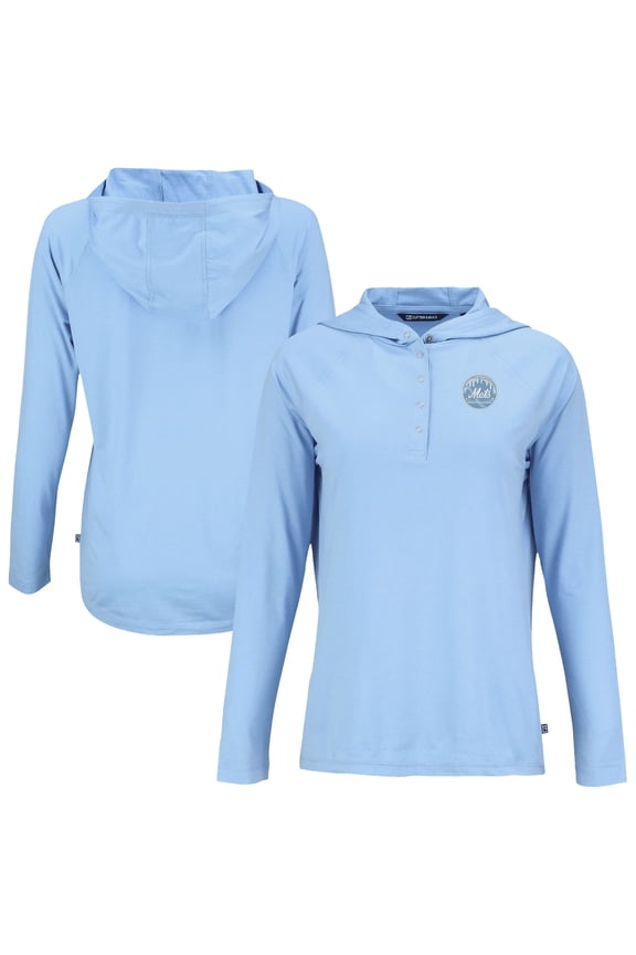 Women's Cutter & Buck Powder Blue New York Mets Coastline Epic Comfort Eco Recycled Long Sleeve Hoodie T-Shirt