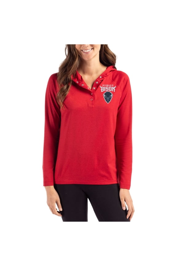 Women's Cutter & Buck Red Howard Bison Coastline Epic Comfort Recycled Hooded Raglan Quarter-Snap Shirt