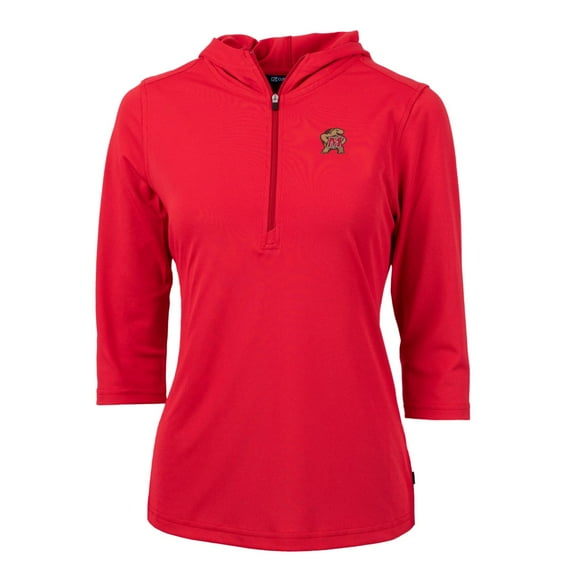Women's Cutter & Buck Red Maryland Terrapins Virtue Eco Pique Half-Zip 3/4 Sleeve Pullover Hoodie