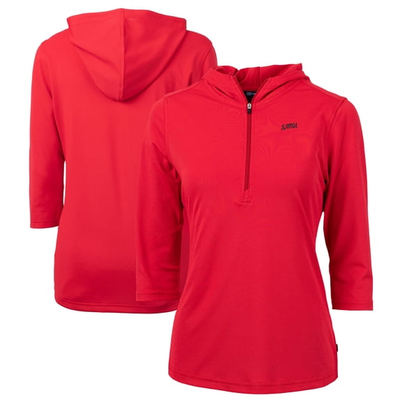 Women's Cutter & Buck Red SMU Mustangs Vault DryTec Virtue Eco Pique Recycled 3/4-Sleeve Half-Zip Pullover Hoodie