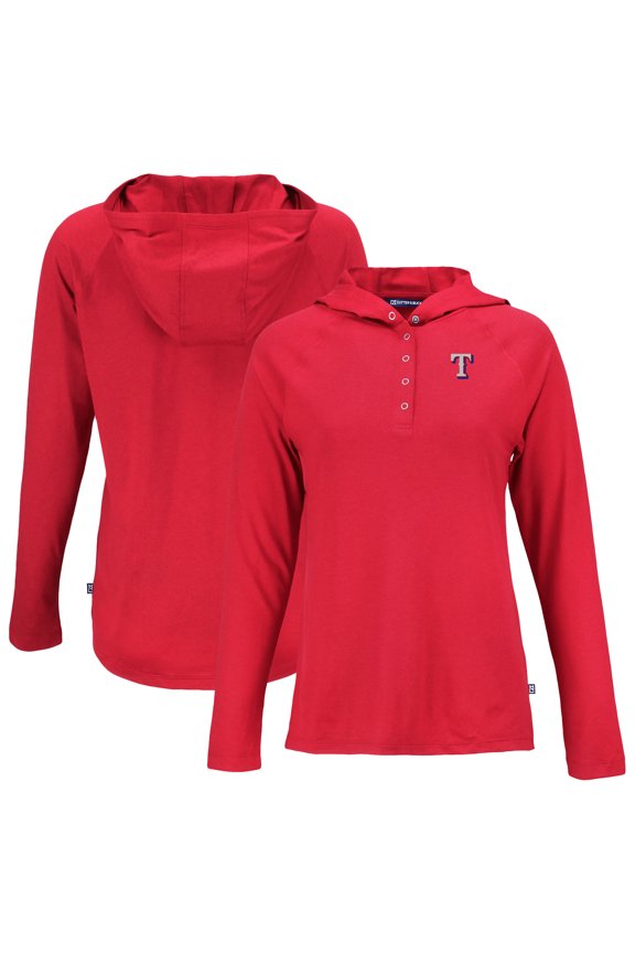 Women's Cutter & Buck Red Texas Rangers Coastline Epic Comfort Eco Recycled Hoodie Raglan Long Sleeve T-Shirt