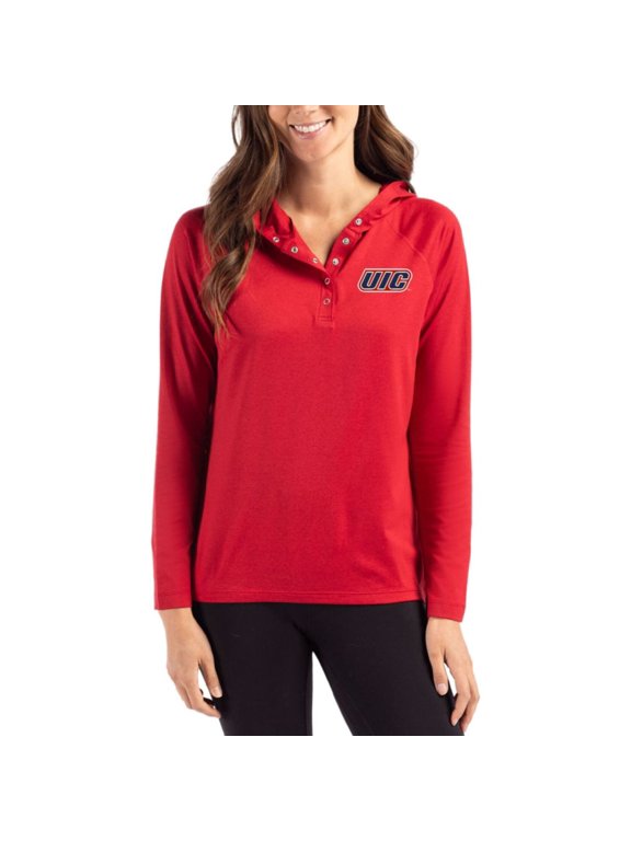 Women's Cutter & Buck Red UIC Flames Coastline Epic Comfort Recycled Hooded Raglan Quarter-Snap Shirt
