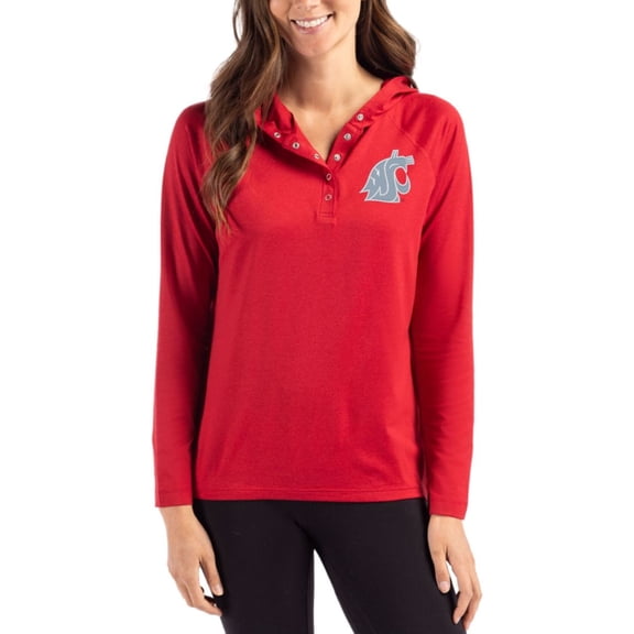 Women's Cutter & Buck Red Washington State Cougars Coastline Epic Comfort Recycled Hooded Raglan Quarter-Snap Shirt