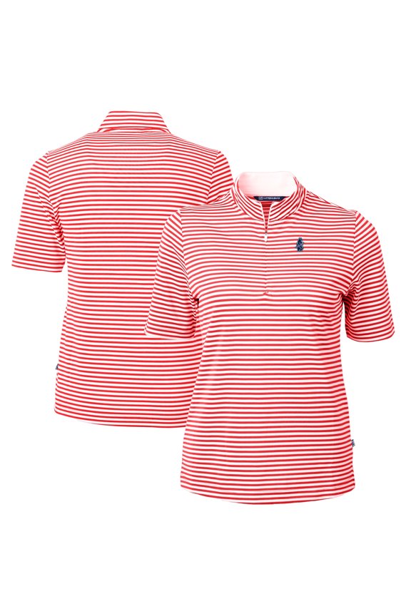 Women's Cutter & Buck Red/White Chicago Cubs Cooperstown Collection Virtue Eco Pique Stripe Recycled Tri-Blend