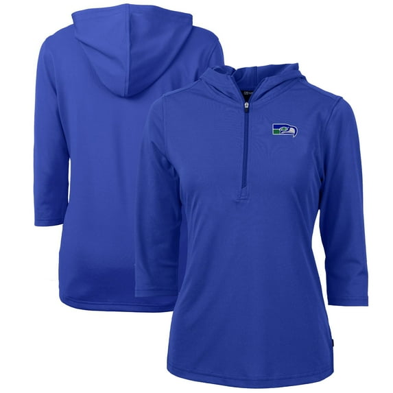Women's Cutter & Buck Royal Seattle Seahawks Throwback Logo Virtue Eco Pique 3/4 Sleeve Half-Zip Pullover Hoodie