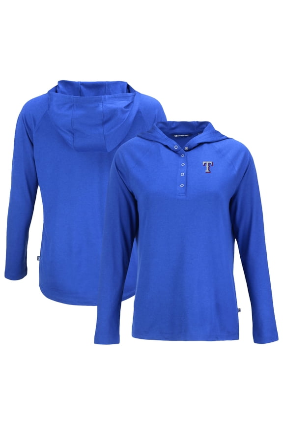 Women's Cutter & Buck Royal Texas Rangers Coastline Epic Comfort Eco Recycled Hoodie Raglan Long Sleeve T-Shirt