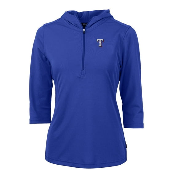 Women's Cutter & Buck Royal Texas Rangers Virtue Eco Pique 3/4 Sleeve Half-Zip Pullover Hoodie