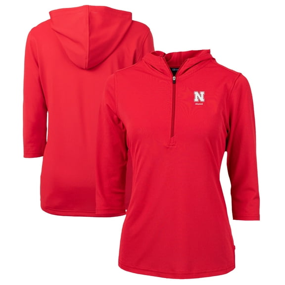 Women's Cutter & Buck  Scarlet Nebraska Huskers Alumni DryTec Virtue Eco Pique Recycled Half-Zip Pullover Hoodie