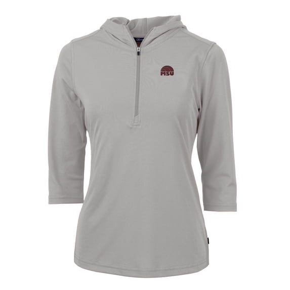 Women's Cutter & Buck Silver Mississippi State Bulldogs Logo Virtue Eco Pique Half-Zip 3/4 Sleeve Pullover Hoodie