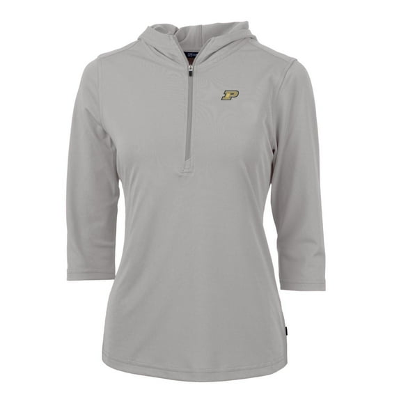 Women's Cutter & Buck Silver Purdue Boilermakers Virtue Eco Pique Half-Zip 3/4 Sleeve Pullover Hoodie