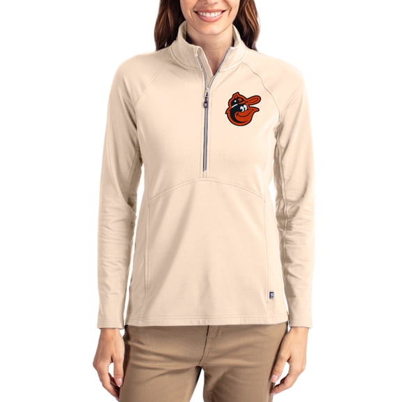 Women's Cutter & Buck Tan Baltimore Orioles Cooperstown Collection Adapt Eco Knit Stretch Half-Zip Pullover