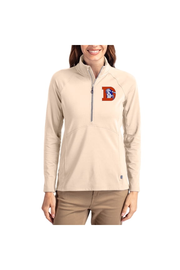 Women's Cutter & Buck Tan Denver Broncos Throwback Adapt Eco Knit Stretch Recycled Raglan Half-Zip Pullover